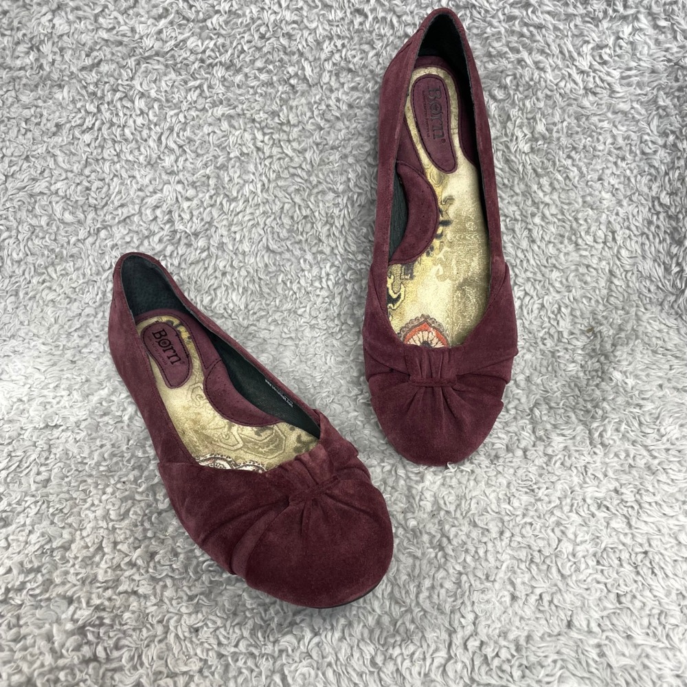 Born Womens Ballet Flats Size 8.5 Burgundy Suede Leather Ruched Bow Detail